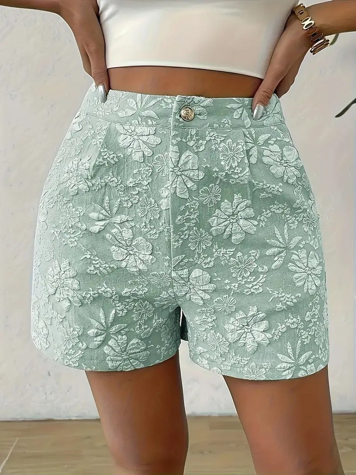 Kvinnors Blommiga Jacquard Shorts | Hög Midja &amp; A-Linje | Eleganta Damesshorts