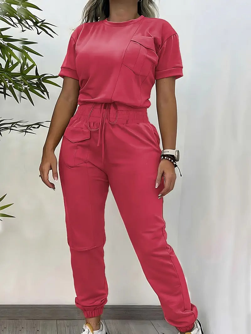 Damset | Trendig Kortärmad Topp & Byxa | Elegant Enfärgad Design | Bekväm Polyester