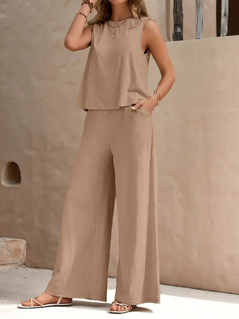 Bohemisk Strandoutfit | Avslappnad och Luftig | Mouwlös Top & Vida Byxor | Polyester för Sommar
