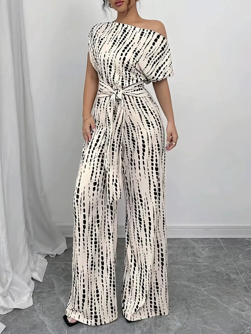 Jumpsuit för kvinnor | Off-Shoulder med prickar & vida ben | rosett i midjan & sommardesign