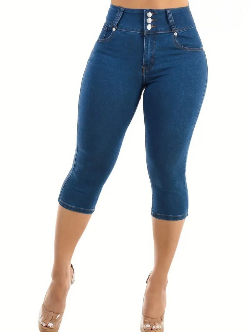 Dams Capri Jeans | Stretchig & Hög Midja | Knappdetalj & Vardagsstil