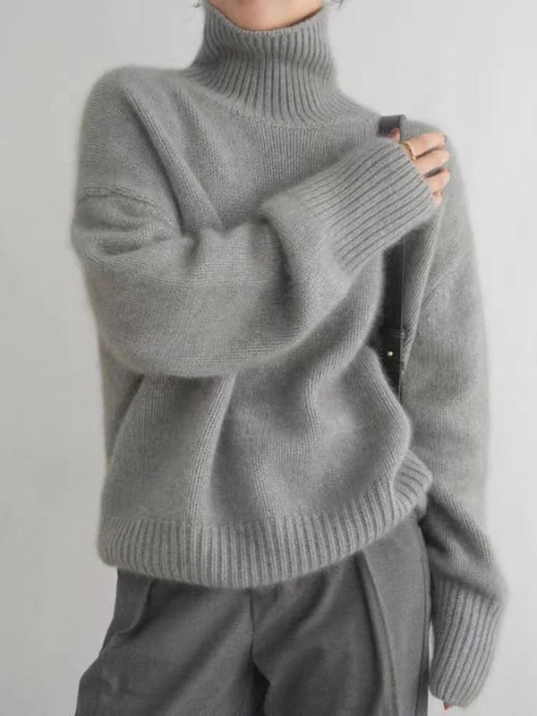 Damtröja Höst | Hög Krage & Lång Ärmsmodell | Lös Stickad Jumper | Enfärgad Design