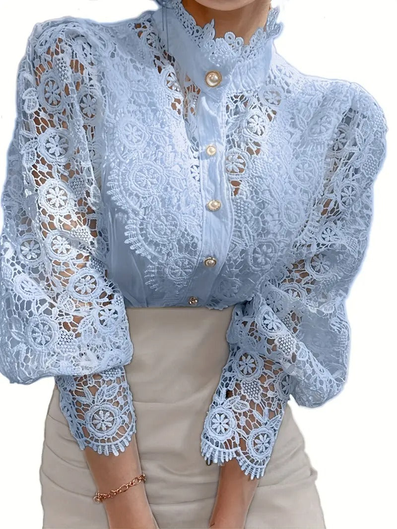 Dam Blus | Viktoriansk Stil | Pärlknappar & Spetsdetaljer | Elegant Långärmad Topp