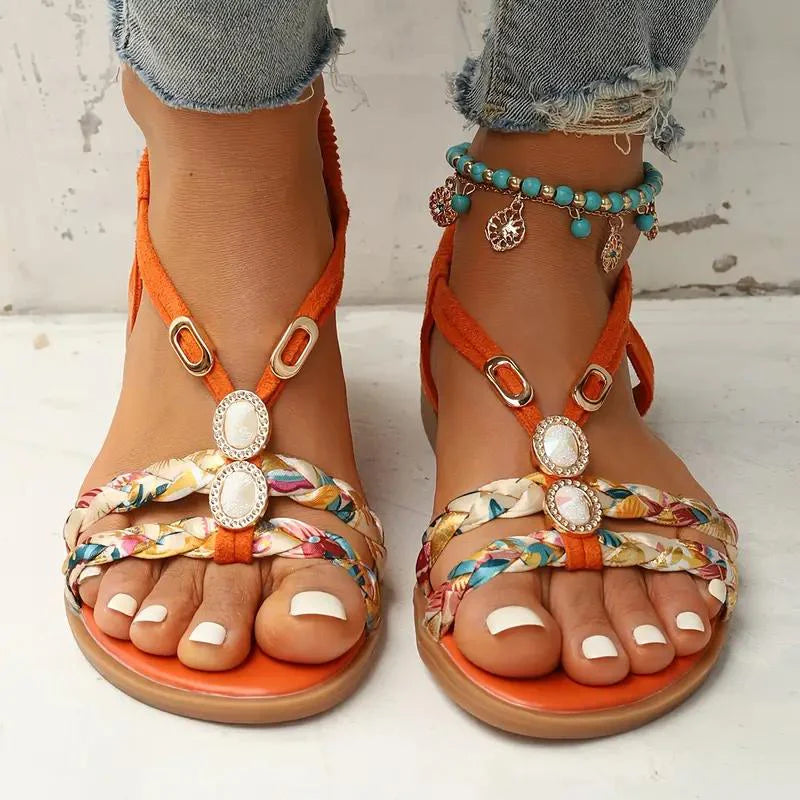 Kvinnor Sandaler | Boho Sommarstil | Mjuk Sula & Låg Kilklack | Blommig Design