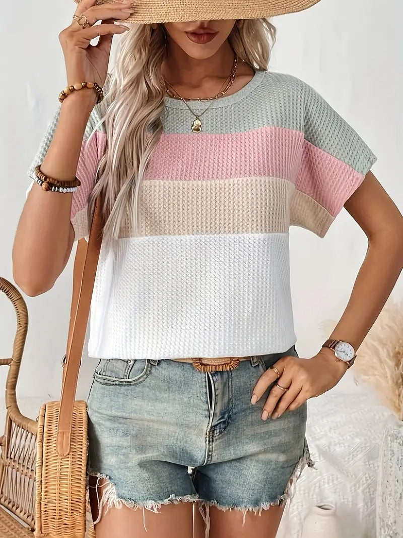 Dams T-shirt | Färgblock &amp; Droppad Axelsöm | Somrig Cropmodell