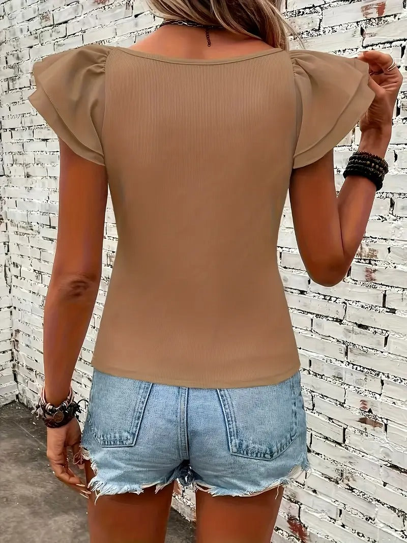 Dam-T-shirt | Lager & Volangärmar | Elegant Runda Hals Top för Vår & Sommar