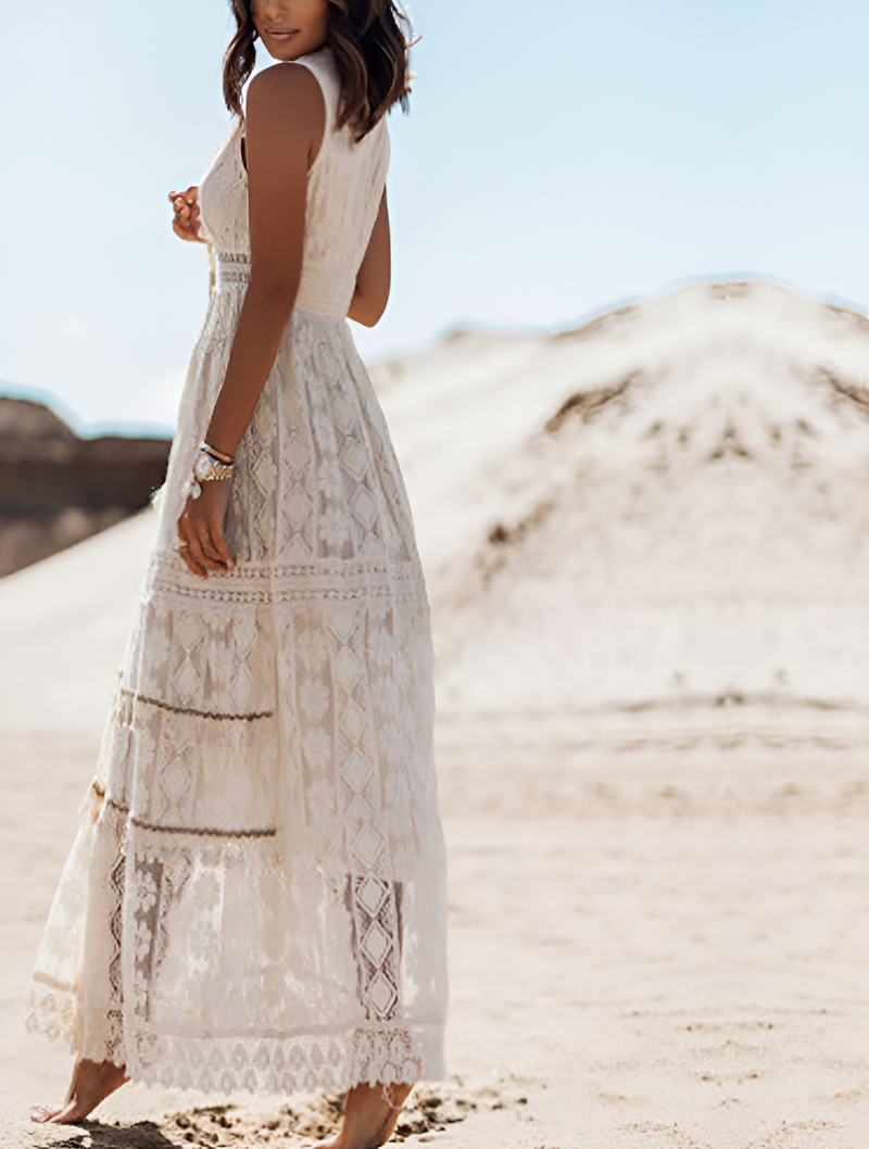 Kvinnor Klänning | Boho Stil | Spets & Fransar | Ärm- & Golvlång Sommarklänning