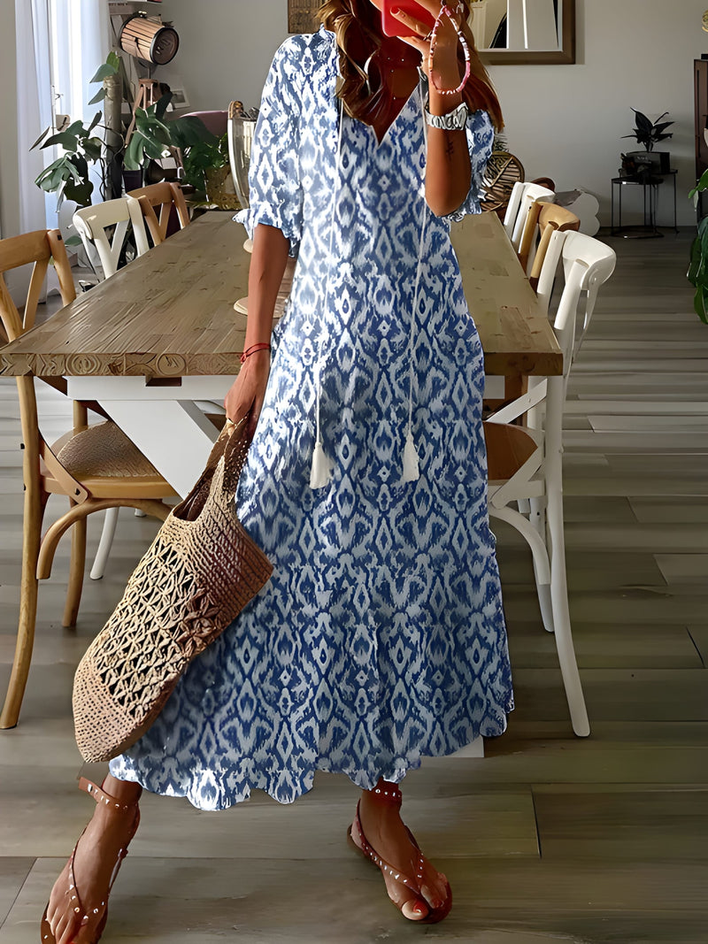 Dam Bohemisk Maxiklänning | Lätt Sommarstil | V-ringning & Justerbar Midja | Polyester