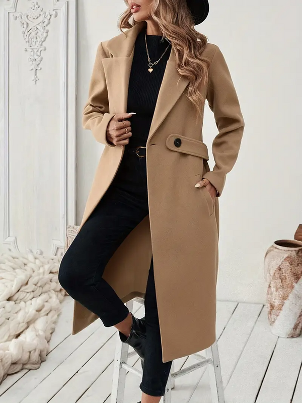 Vinterrock Dam | Lång Svart Tweed Jacka | Elegant Bälte & Slag