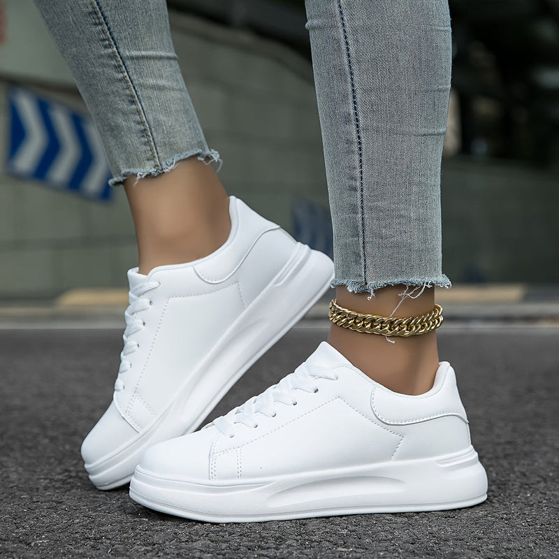 Sneakers Dam | Vita Faux Läder Skor | Casual Snörskor