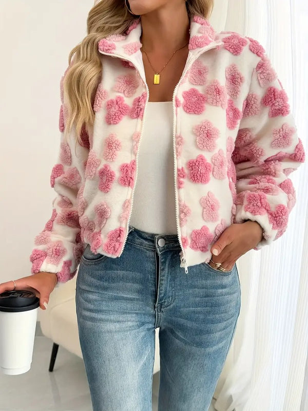 Damjacka | 3D-blommor & dragkedja | trendig ståkrage | alla årstider | modejacka i polyester