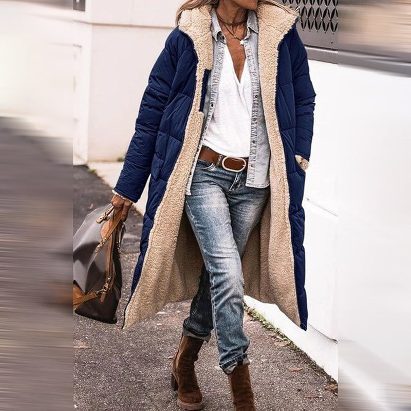 Damjacka Vinter Fleece | Enfärgad Hooded Parka | Lång Är | Polyester