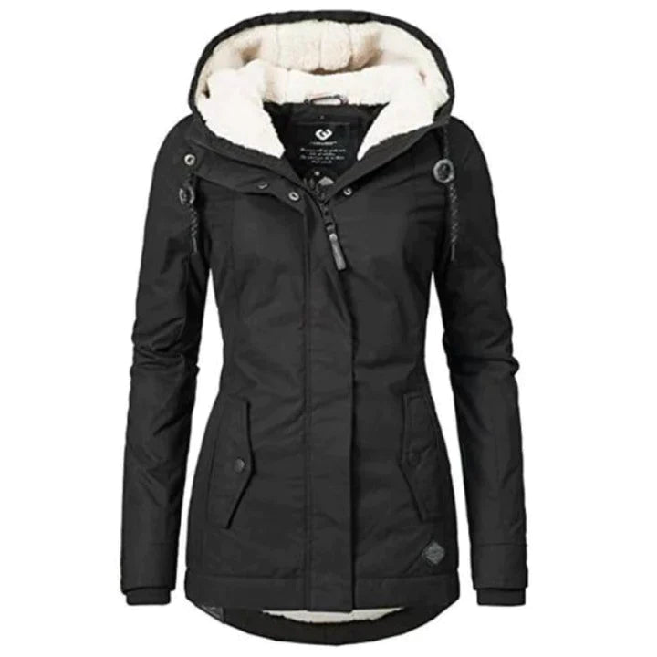 Damparka Vinter | Huva & Tjock Plysch | Mellanlång Varm Jacka | Bomstickad struktur & Polyester