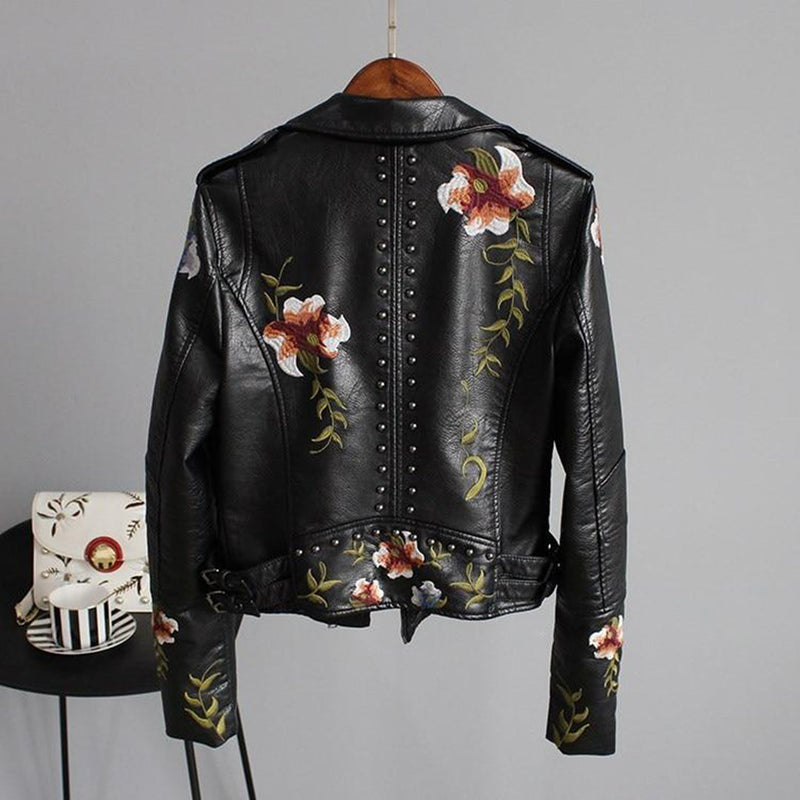 Damjacka | Vintageblommig brodyr | Bikerstil med dragkedja