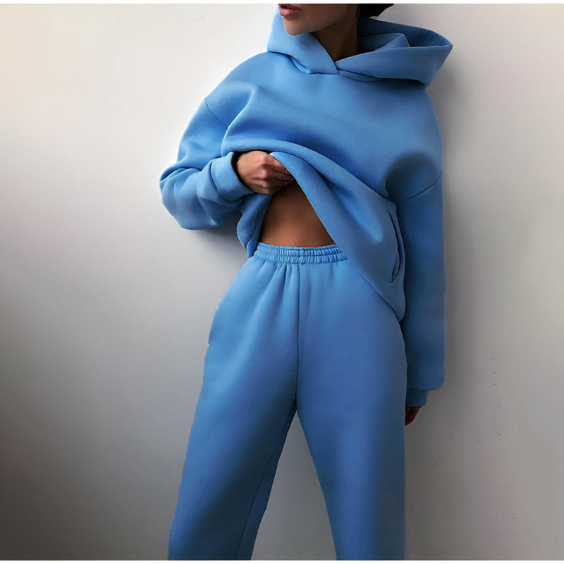 Damträningsset | Fleecefodrat med Huvtröja | Tjock Tvådelad Mjukisdress | Polyester