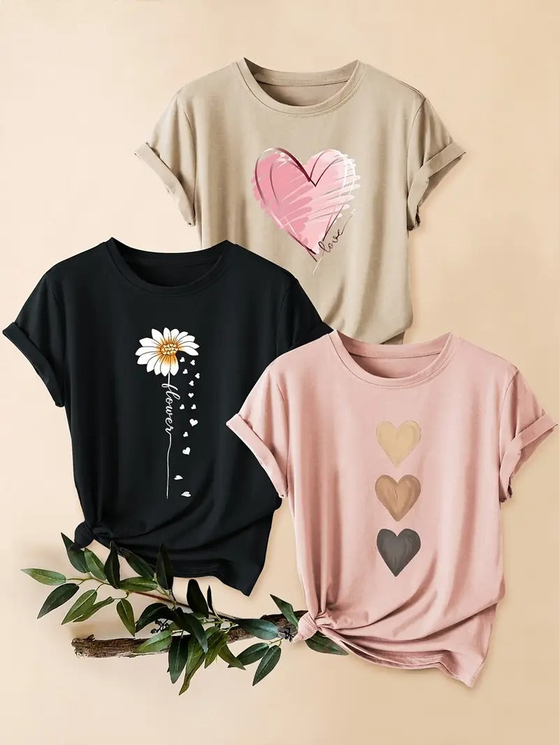 Dams Set | 3-delad T-shirt & Shorts | Retro Stil & Blommigt Tryck