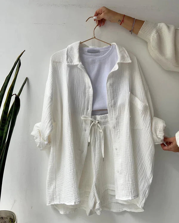 Sommarkostym för kvinnor | Tvådelad | Luftiga veck | Chic & tidlös stil