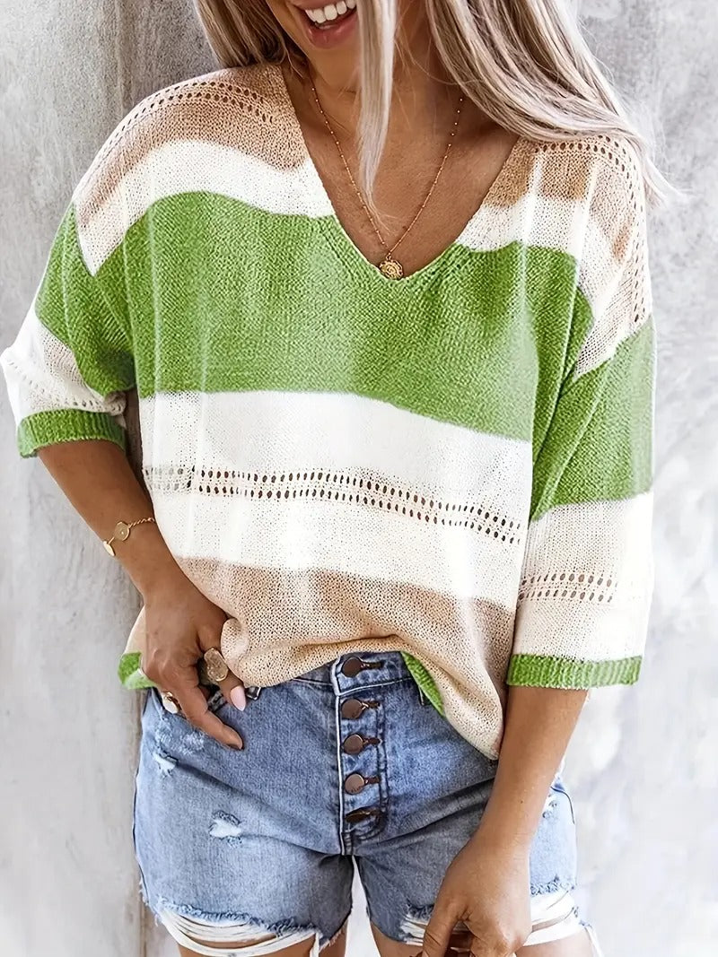 Dam Tröja | V-ringning & Off-Shoulder | Randig Stickad med Håldetaljer | Ljusgrå & Rosa
