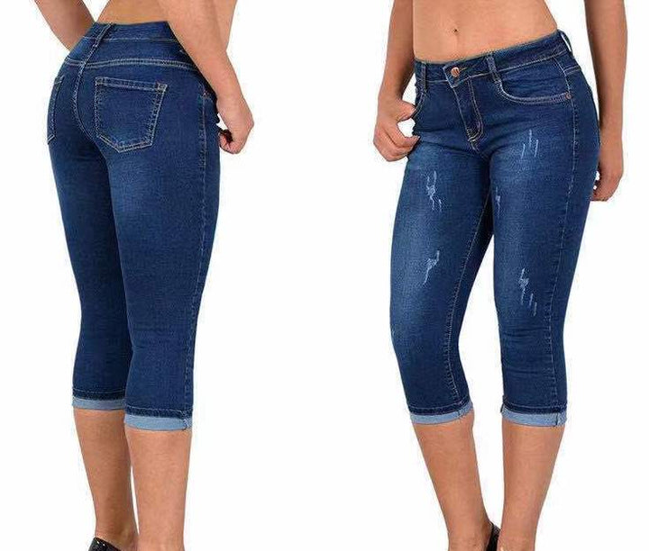Denim Capri-byxor för kvinnor | Hög midja &amp; rak passform | Stretchig och sommarstil