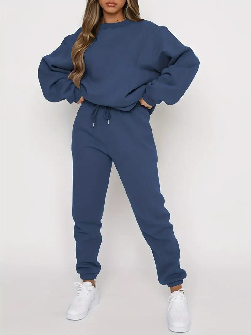 Damset | Sweatshirt & Sweatpants | Effen Design & Avslappnad Passform i Polyesterblandning