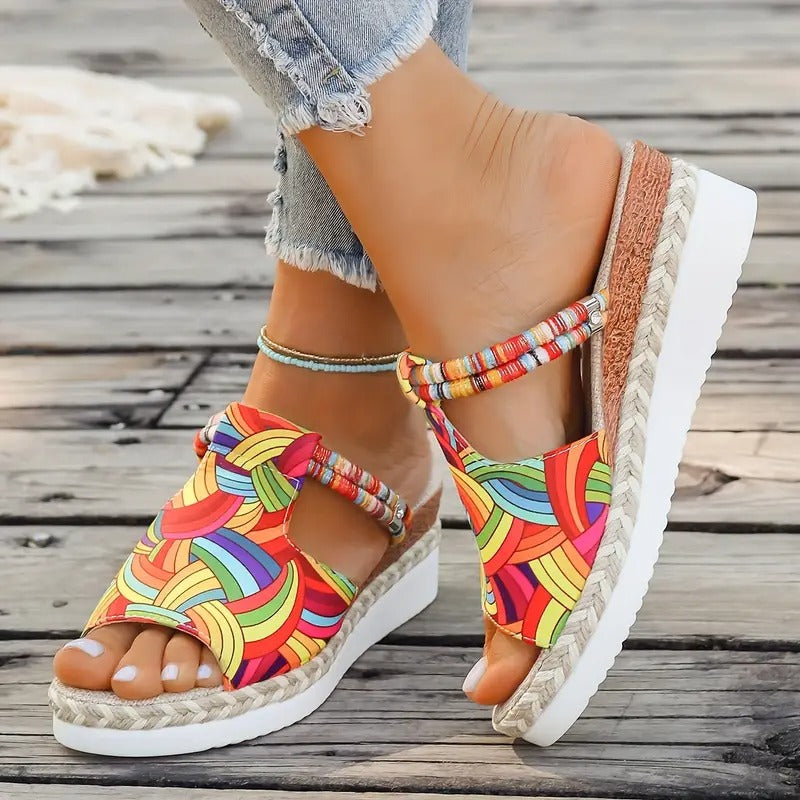 Damsandaler | Färgglad Graffiti & Kilklack | Espadrille Slip-On för Sommaren
