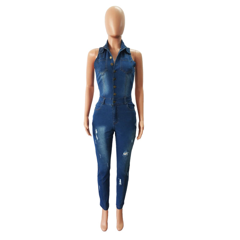 Chic rippad denim bodycon jumpsuit för kvinnor med snygg look | Nova