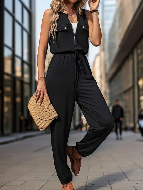 Dams Jumpsuit | Ärmös V-ringning & Fickor | Svart & Året Runt