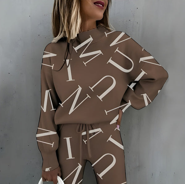 Tvådelat Set för Dam | Tryckt Träningsdräkt | Långärmad Topp & Byxor | Trendig & Bekväm Loungewear