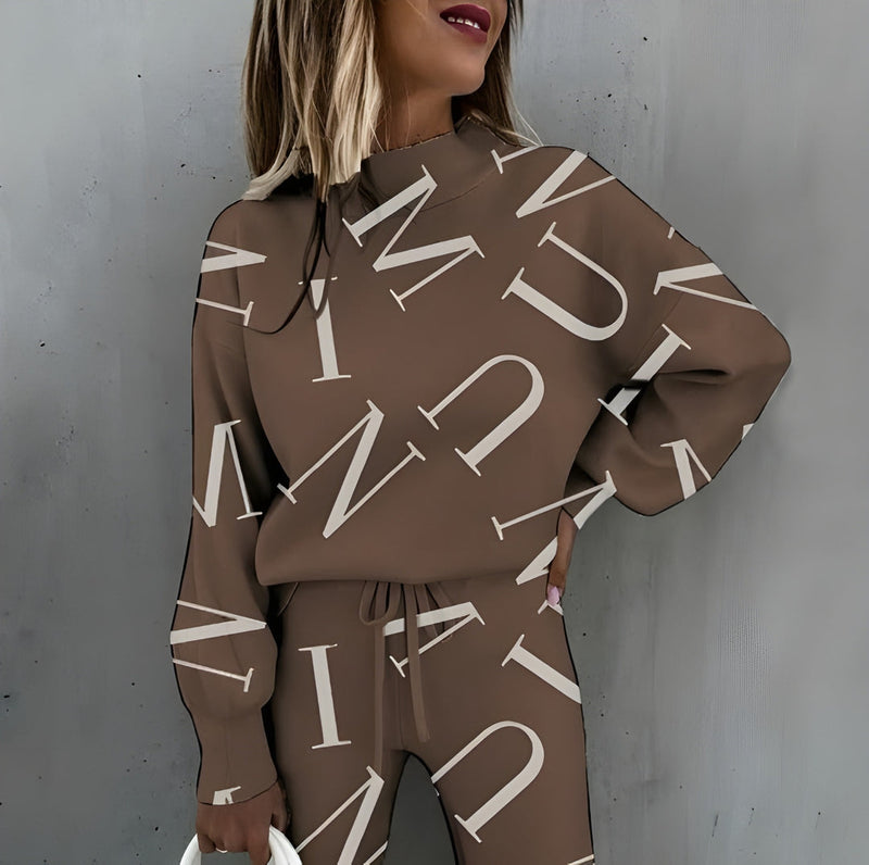 Tvådelat Set för Dam | Tryckt Träningsdräkt | Långärmad Topp & Byxor | Trendig & Bekväm Loungewear