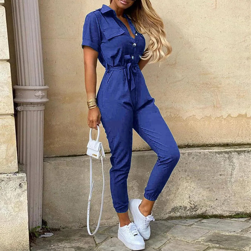 Jumpsuit för Dam | Kort Ärmsmodell med Krage | Elegant Passform & Bälte | Polyester