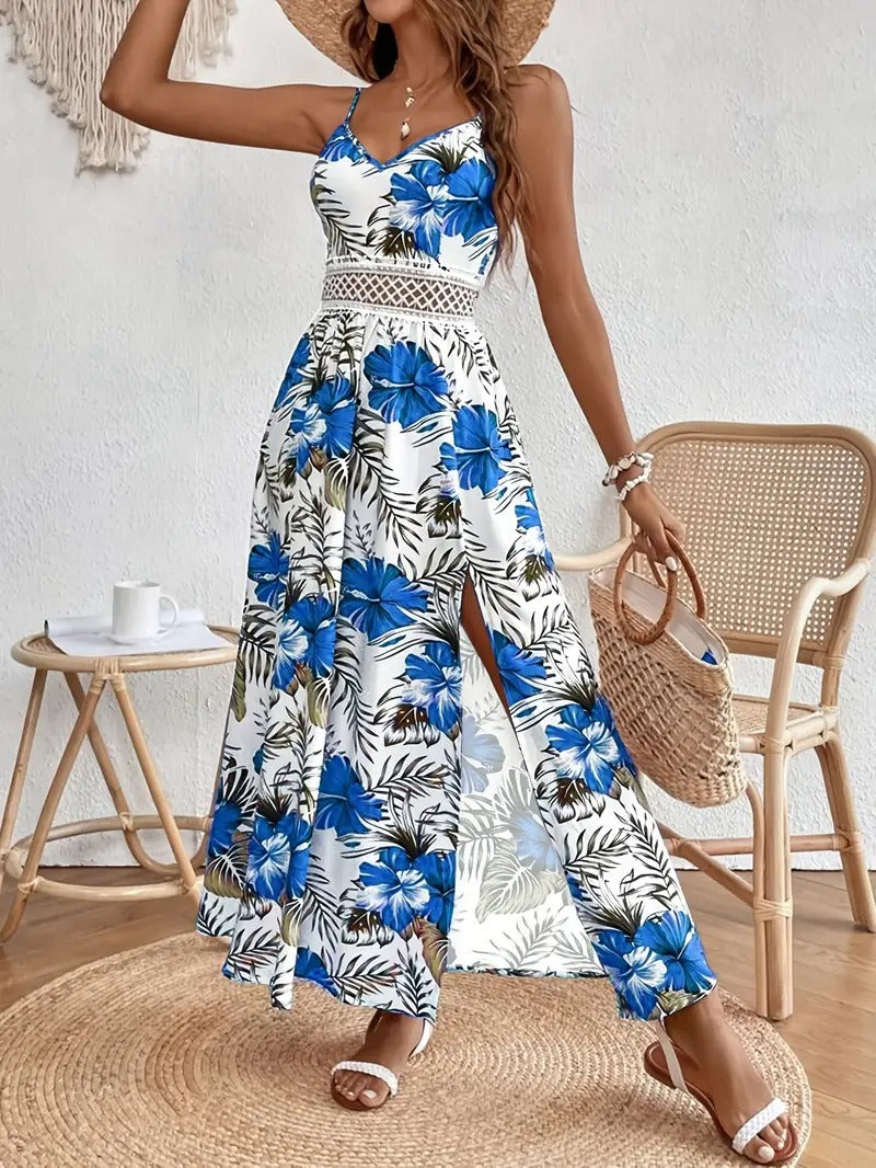 Damklänning | Ärmlös Med Slits | Blommigt Mönster & Spagettiband | Elegant Sommarklänning