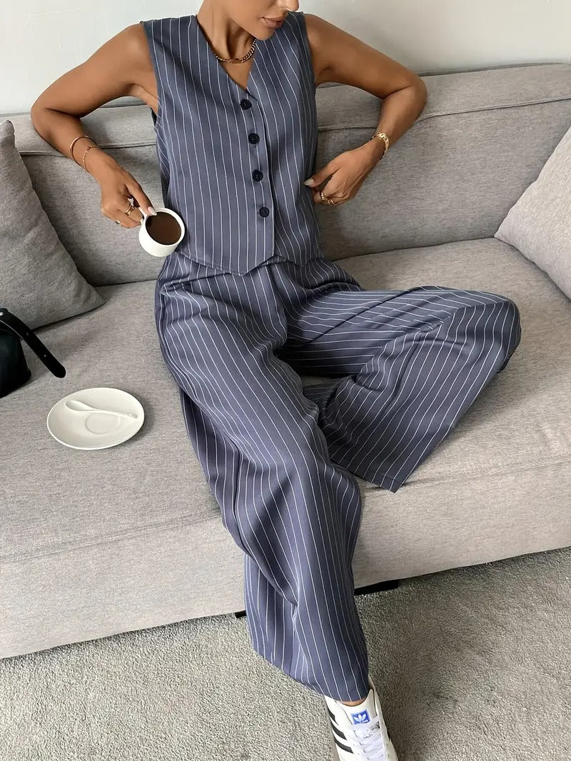 Dam Set | Ärmös Randig Väst & Vida Byxor | Knäppning | Polyester Sommarlook