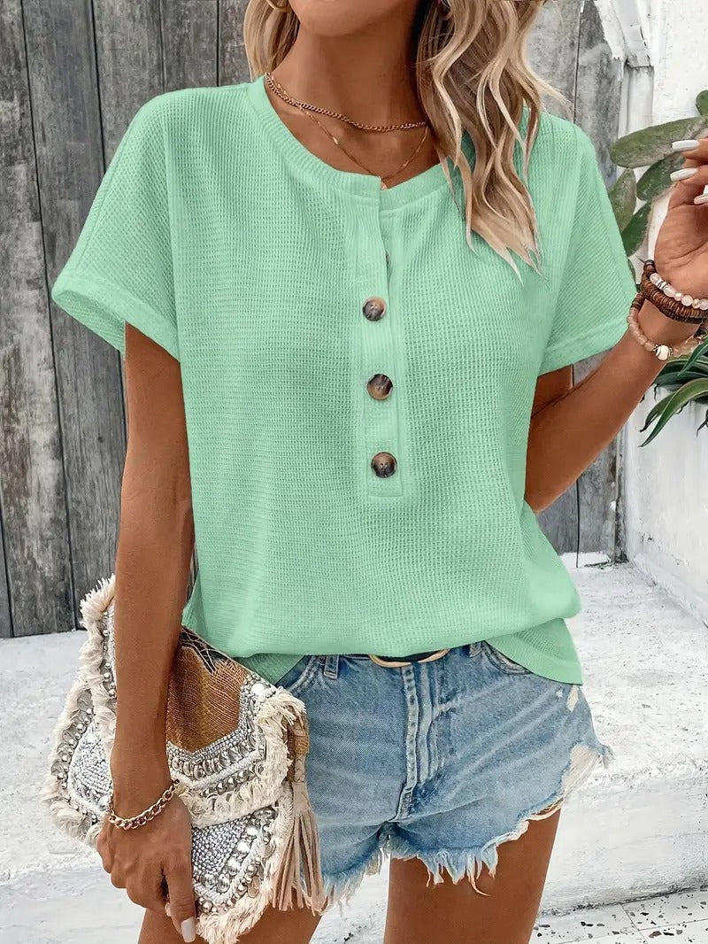 Dam T-shirt | Henleyhals & Avslappnad Stil | Bekväm Kortärmad Top för Vår & Sommar