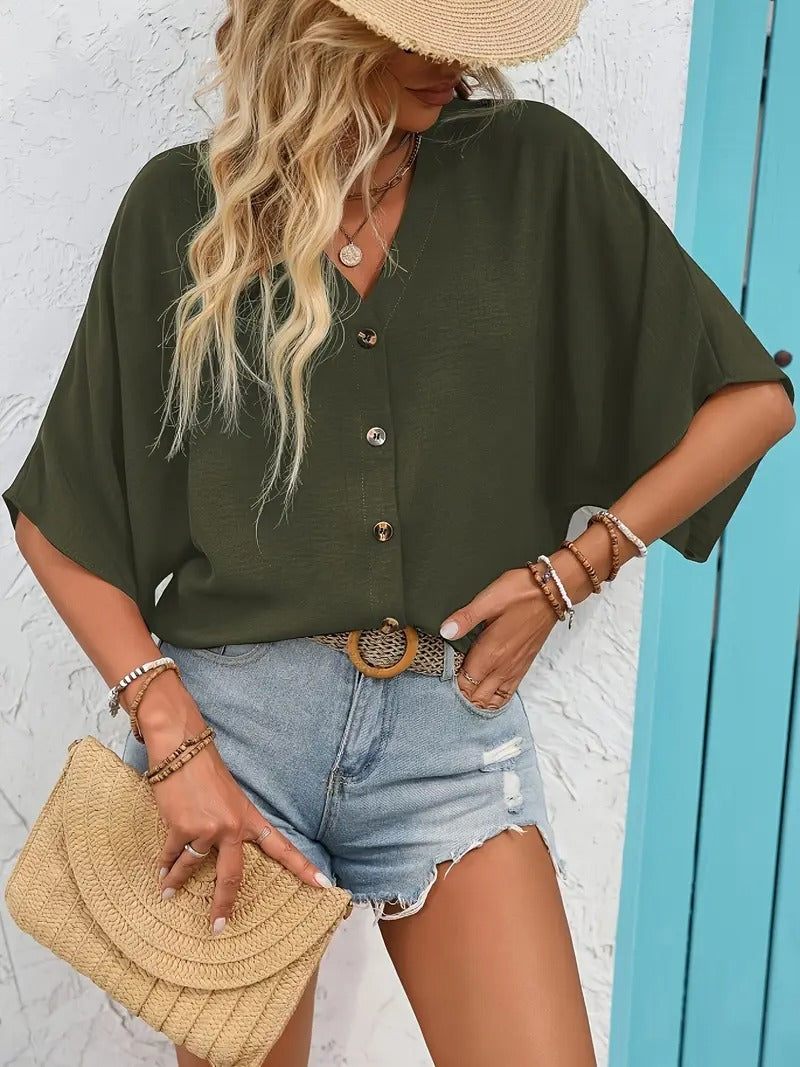 Blus för kvinnor | V-ringning & knappdetaljer | Sommar Casual