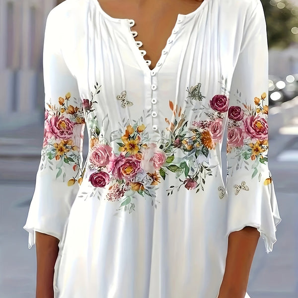 Blommig blus för kvinnor | Notch hals & knapp upp | luftig & feminin stil