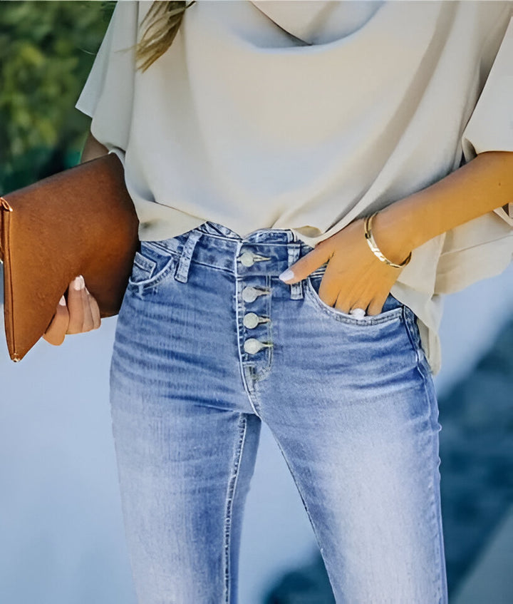 Kvinnor Jeans | Hög Midja &amp; Utsvängda Ben | Stretchig Passform | Vintage Tvätt