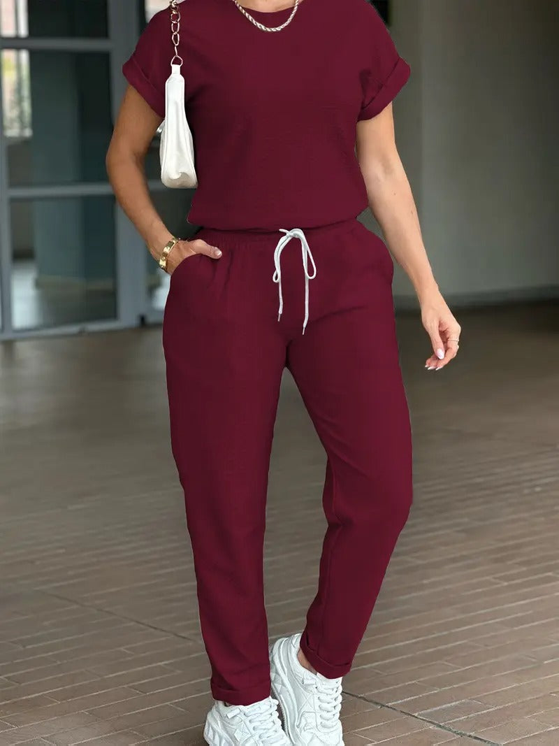 Damsset | Minimalistisk Design & Justerbar Midja | Tvådelad Bekväm Sportlook i Polyester för Vår/Sommar