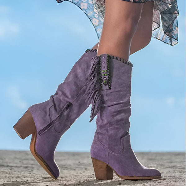 Dam Knähöga Boots | Vintage Stil | Spetsig Tå & Fyrkantig Klack