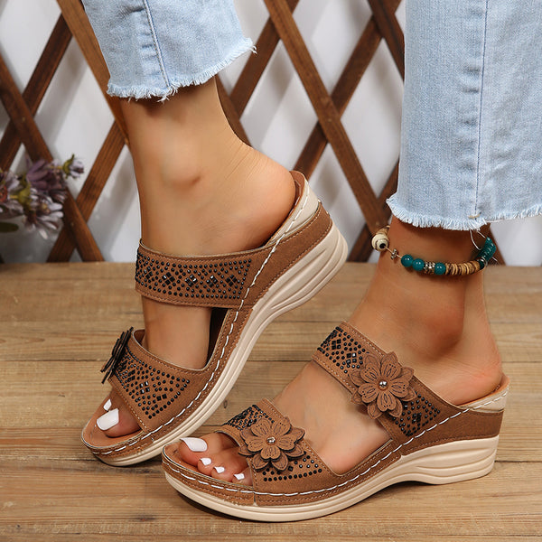 Damtofflor | Retro Wedge Sandals | Avslappnade och bekväma | Plattformstofflor med blomdesign