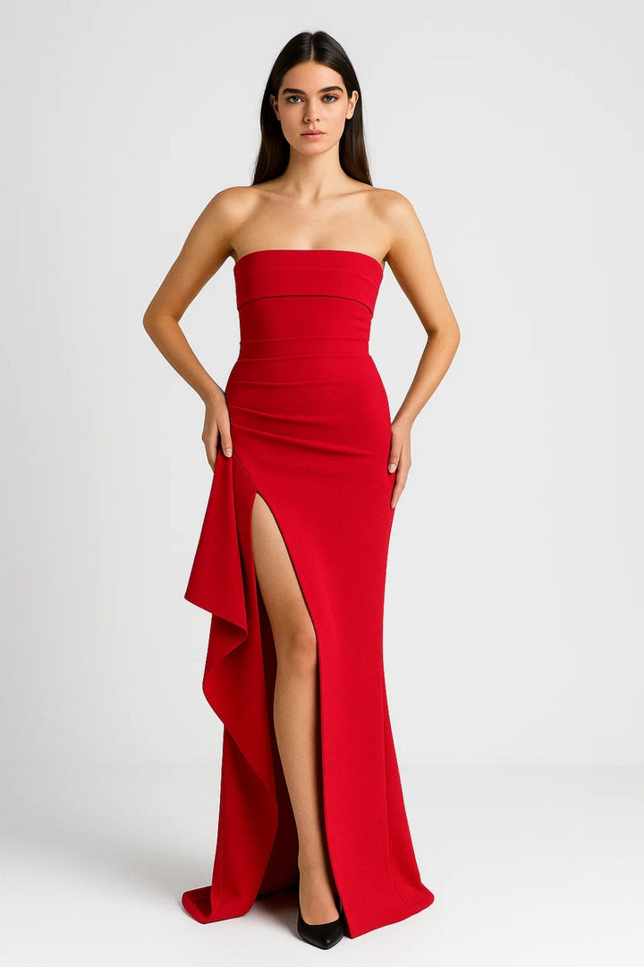 Dam Klänning | Slimfit Strapless Draperad | Hög Slits | Sommar