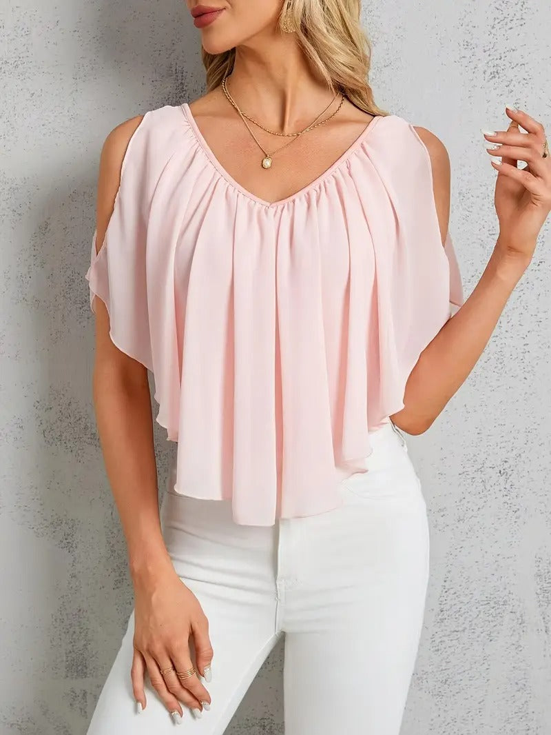 Damtopp | Off-Shoulder med Plissering & Vleermuismouw | Effen Färg & Kort Modell | Somrig Stil