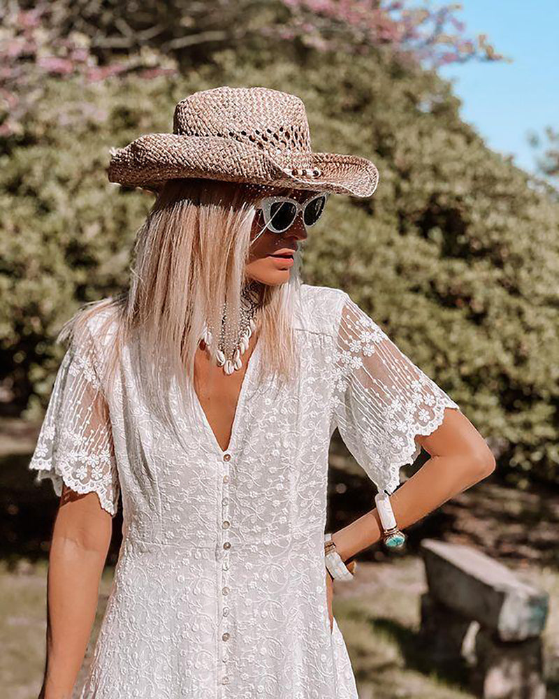 Boho Lace Maxiklänning | Broderad vit & V-hals | Brudtärna & strandstil