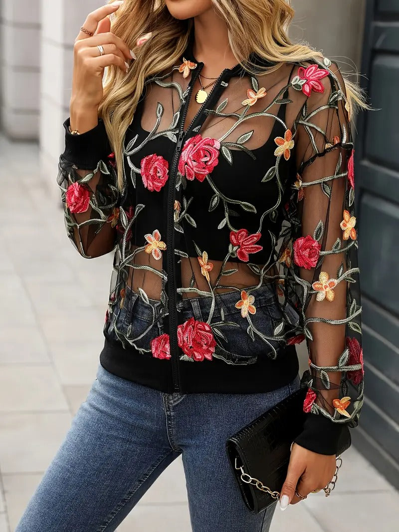 Damjacka | Blommigt broderi & meshdesign | Halvgenomskinlig | Dragkedja