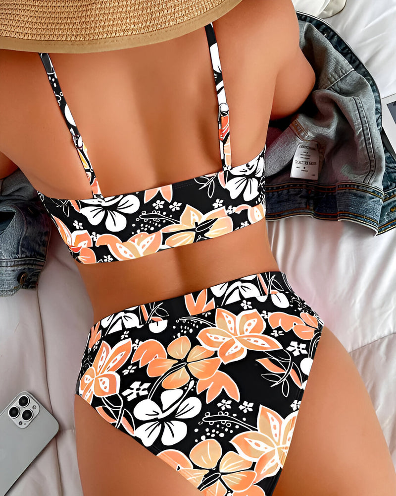 Bikini Set för kvinnor | Hög midja | Blommigt tryck | Tvådelad baddräkt