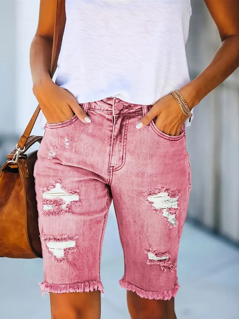 Dams Denim Shorts | Höga Midja & Rå Kant | Rivna Detaljer | Zomermode