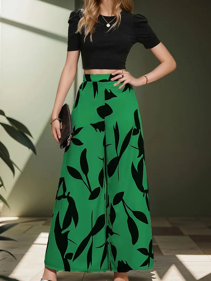 Damset | Elegant Tvådelat Set med Blus & Vida Byxor | Effen Design & Bladprint