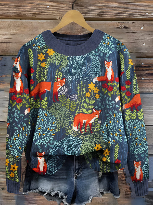 Damtröja | Vintage Mönster & Rävmotiv | Lös Passform | Akryl