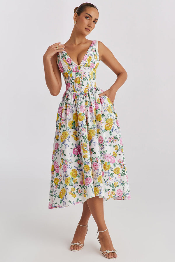 Dam Midiklänning | Boho Blommönster & V-ringning | Ärmlös A-linjeform | Sommar & Bröllop
