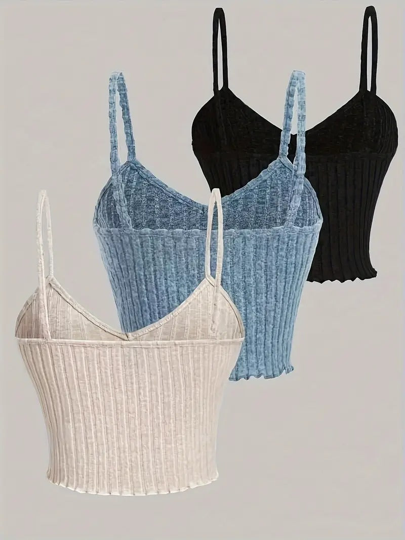 Damtanktops | 3-pack Ribbad med Spagettiband | Ärmlösa & Bekväma för Sommaren