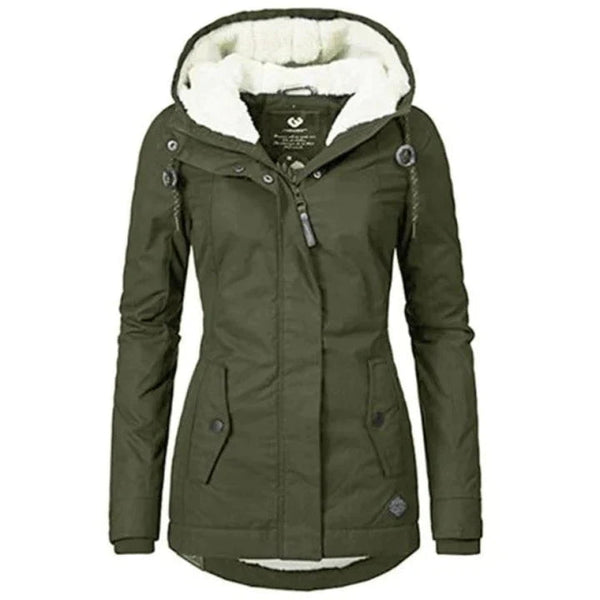 Damparka Vinter | Huva & Tjock Plysch | Mellanlång Varm Jacka | Bomstickad struktur & Polyester